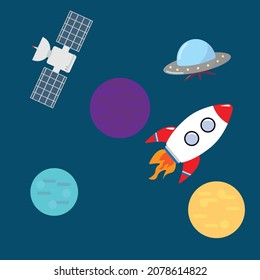 Set of space related objects with a UFO, satellite, planets and a rocket. Outer cosmos set with extraterrestrial planets and spaceships, shuttles with blue background. 