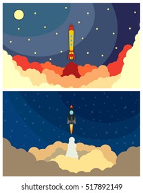 Set of space rocket launch. Vector illustration with flying rocket. Space travel. Project development. Creative idea.
