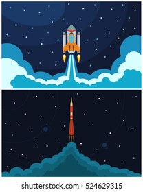 Set of space rocket launch. Vector illustration with flying rocket. Space travel. Project development. Creative idea.
