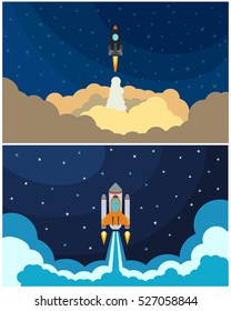Set of space rocket launch. Vector illustration with flying rocket. Space travel. Project development. Creative idea.
