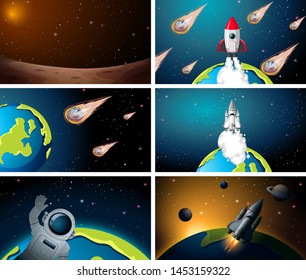 Set of space rocket scenes illustration
