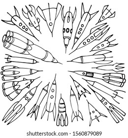 set of space rockets in the form of a circle, black contour lines, vector illustration isolated on white background in hand drawn style