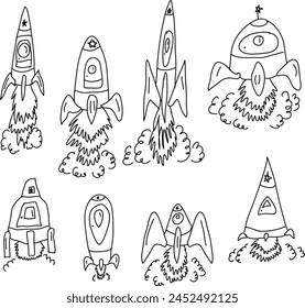 Set of space rockets. Hand drawing. Vector illustration. Hand drawing.