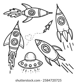 Set of space rockets. Hand drawn doodle. Flight to the stars. Traveler, astronaut. Spaceship, transport. UFO. Aliens from the universe. Vector line art illustration.