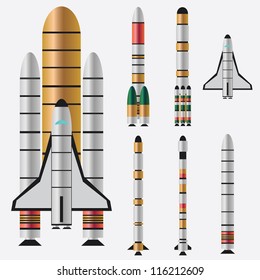 Set of space rockets on the white background.