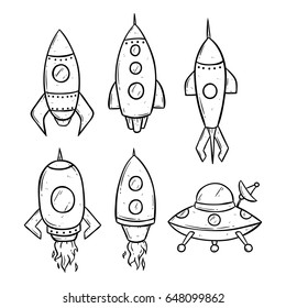 set of space rockets using hand drawing style