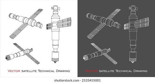  set space satellite vector from various positions. For Communication and Telecommunications. technical line drawing blueprint on transparent background