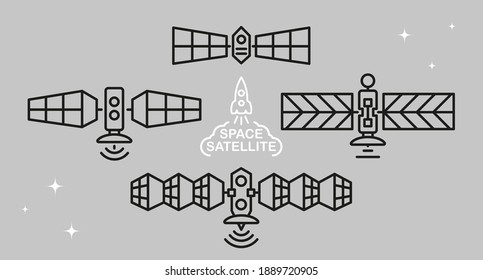 Set of space satellites in doodle style. 