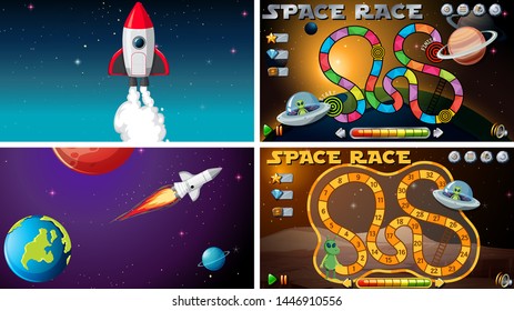 Set of space scenes illustration