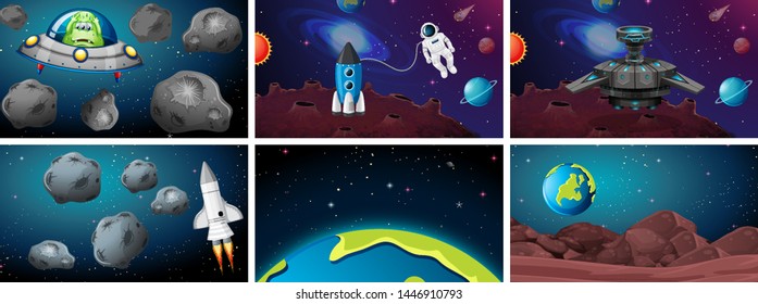 Set of space scenes  illustration