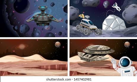 Set of space scenes illustration