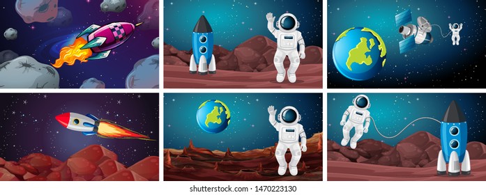 Set of space scenes illustration