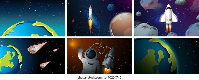 Set of space scenes illustration