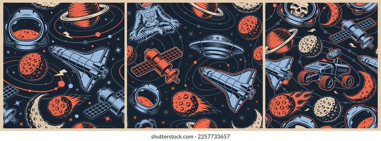 Set of space seamless backgrounds with design elements such as flying saucer, alien, planets, shuttle, space rover, skull astronaut 