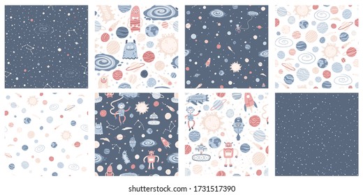 Set with Space seamless pattern with alien spaceship, rocket, astronaut and robots with colorful planets and stars. Vector hand-drawn childish illustration in simple Scandinavian style.