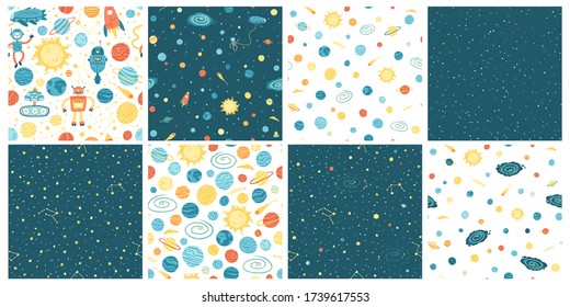 Set with Space seamless pattern with alien spaceship, rocket, astronaut and robots with colorful planets and stars. Vector hand-drawn childish illustration in simple Scandinavian style.