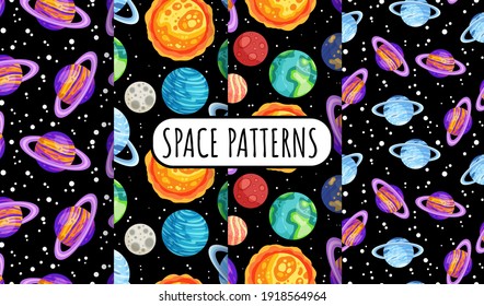 Set of space seamless pattern background with planets. Collection of cosmos solar system planets children wallpaper texture tiles. Vector stock images collection