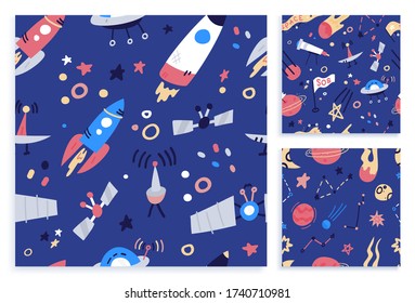 Set Space seamless pattern print design. Flat cartoon Doodle Vector illustration design for fashion fabrics, textile graphics, prints.
