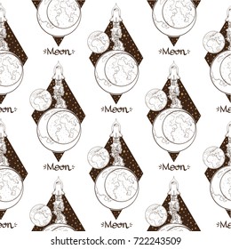 Set of space seamless patterns with moon, rocket, earth and stars. Monochrome vector illustration isolated on white background with place for text. Diamond logo