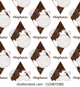 Set of space seamless patterns with planet Neptune, nebula and stars. Monochrome vector illustration isolated on white background with place for text. Diamond logo