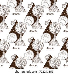 Set of space seamless patterns with planet Mars, rocket, earth and stars. Monochrome vector illustration isolated on white background with place for text. Diamond logo