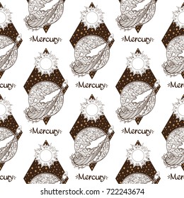 Set of space seamless patterns with planet Mercury, rocket, sun and stars. Monochrome vector illustration isolated on white background with place for text. Diamond logo