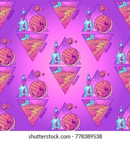 Set of space seamless patterns with planet Mars, rocket and stars. Colored vector illustration isolated on purple background. Diamond logo