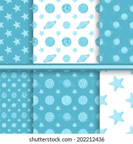 Set of space seamless patterns with planets and stars - blue vector background