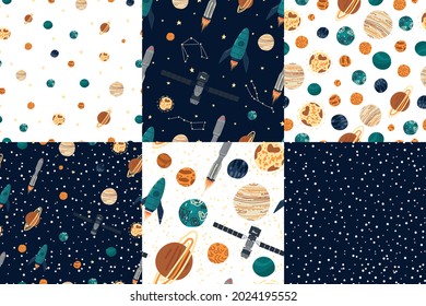 Set with space seamless patterns with spaceship, rocket, sun, planets and stars. Vector hand-drawn childrens illustration in simple scandinavian style. Design for children's textiles, wallpaper.