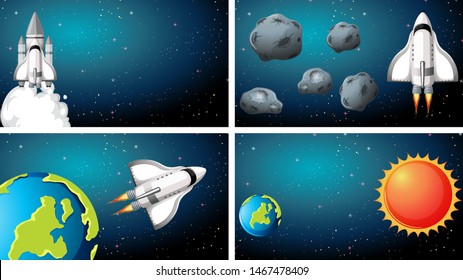 Set of space ship scenes illustration