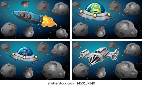 Set of space ships and asteroids illustration