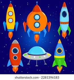 Set of space ships and UFOs. Space rocket launch. Vector illustration.