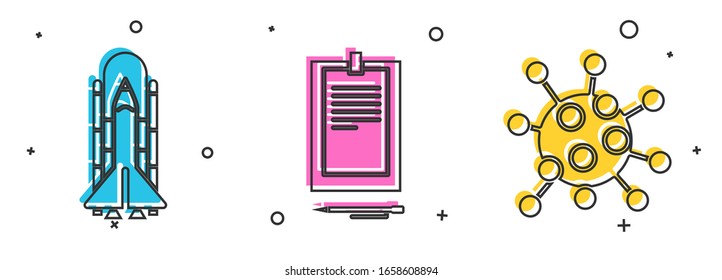 Set Space shuttle and rockets, Clipboard with document and Bacteria icon. Vector