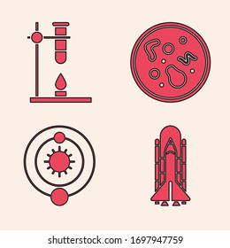 Set Space shuttle and rockets, Glass test tube flask on fire heater, Bacteria and Solar system icon. Vector