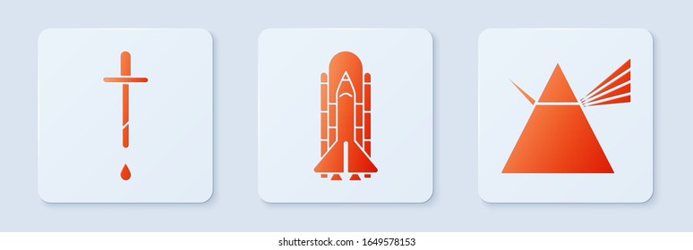Setzen Sie Space Shuttle und Raketen, Pipette und Lichtstrahlen in Prisma. Weißer Quadrat-Knopf. Vektorillustration