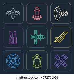 Set of the space simple colorful outline icons