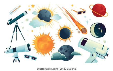 Set of space and solar eclipse. Cute illustration in flat style for children. Suitable for astronomy, decoration and stickers.