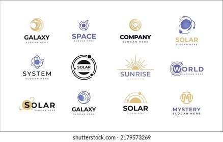 Set of Space and solar emblems, icons, Logos Galaxy signs with Orbitz planets and radial rays of sunburst for logo IT, ecology, concept design from space exploration, astrology. Vector illustration