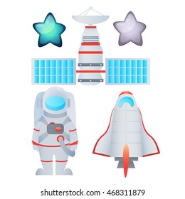 Set space. Spaceship, astronaut, satellite and star. Vector illustration