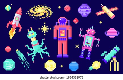 Set of space stars, alien spaceman, robot rocket and satellite cubes solar system planets pixel art, digital vintage game style. Mercury, Venus, Earth, Mars, Jupiter, Saturn. icons composition.