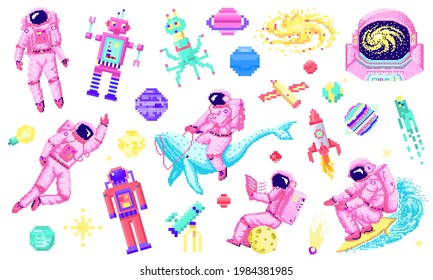 Set of space stars, alien spaceman, robot rocket and satellite cubes solar system planets pixel art, digital vintage game style. Cosmonaut on whale. Venus, Earth, Mars, Jupite. icons composition.