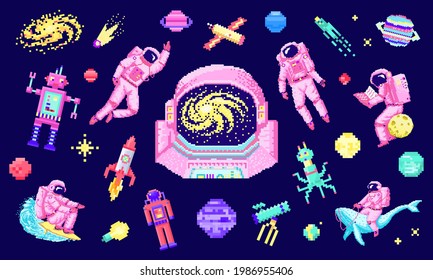 Set of space stars, alien spaceman, robot rocket and satellite cubes solar system planets pixel art, digital vintage game style. Mercury, Venus, Earth, Mars, Jupiter, Saturn. icons composition.