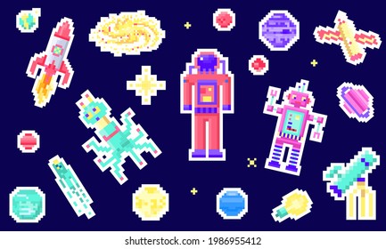 Set of space stars, alien spaceman, robot rocket and satellite cubes solar system planets pixel art, digital vintage game style. Mercury, Venus, Earth, Mars, Jupiter, Saturn. icons composition.