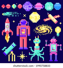 Set of space stars, alien spaceman, robot rocket and satellite cubes solar system planets pixel art, digital vintage game style. Mercury, Venus, Earth, Mars, Jupiter, Saturn. icons composition.