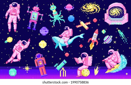 Set Of Space Stars, Alien Spaceman, Robot Rocket And Satellite Cubes Solar System Planets Pixel Art, Digital Vintage Game Style. Cosmonaut On Whale. Venus, Earth, Mars, Jupite. Icons Composition.