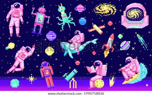 Set of space stars, alien spaceman, robot\
rocket and satellite cubes solar system planets pixel art, digital\
vintage game style. Cosmonaut on whale. Venus, Earth, Mars, Jupite.\
icons composition.