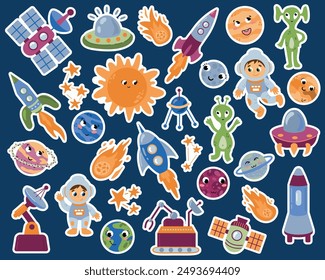 A set of space stickers. Space bundle in cartoon style with planets, kids astronauts on dark background. 