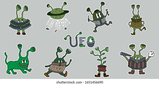 Set space stickers hand drawn. Vector UFO and aliens abduction. Clip art illustrations isolated. Stickers path of aliens doodle. Space decor for children's rooms, cups, t-shirts, cards and  flyers.
