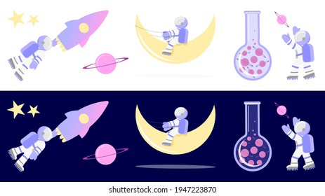 Conjunto de etiquetas de espacio, iconos, ilustraciones vectoriales. Colección con astronauta, planeta, estrellas, luna, fondo azul. Diseño de un sitio web, página de inicio, presentación, volante, banner, anuncio