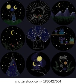 A set of space stickers. Picture, postcard, wallpaper, poster, banner, background, cover, image, logo, pattern.